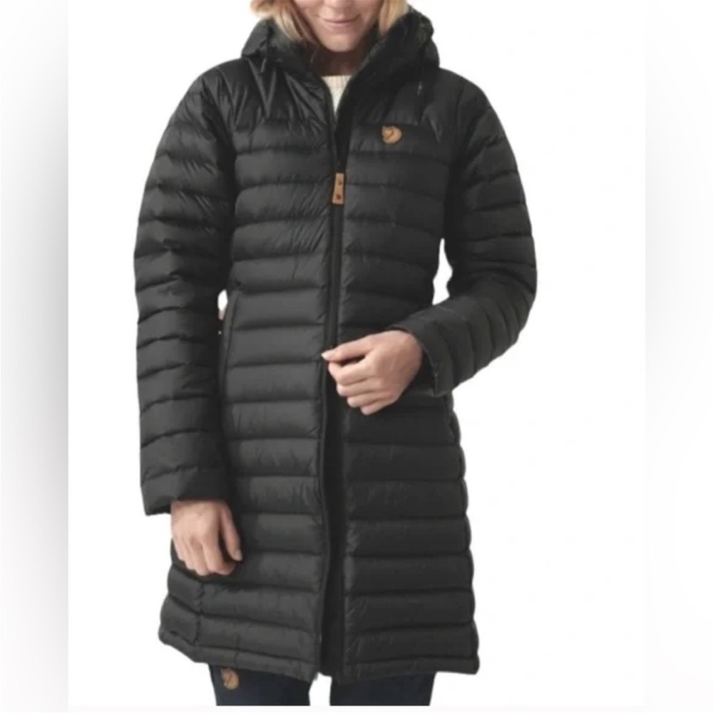 NWOT Sample Fjallraven Snow Flake Parka Goose Down Coat Long Hooded Black Gold - Picture 2 of 12